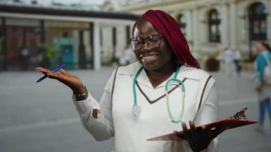 Şehir ortamında steteskopla gülümseyen kadın kendinden emin ve profesyonel görünüyor. Bu da sağlık ve günlük yaşam arasında bir bağlantı olduğunu gösteriyor..