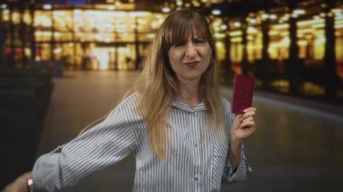 Gece ışıkları altında kırmızı pasaport tutan ve havaalanı girişini işaret eden genç bir kadın..