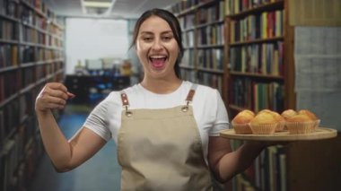 Ahşap bir tepsi kek tutan ve kütüphanedeki tepsiyi işaret eden önlüklü kadın; neşeli karşılama.