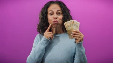 Elinde Brezilya banknotları tutan orta yaşlı bir kadın mor bir zemin, mizah ve finansal refahı resmeden bir jest yapıyor..