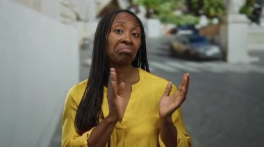 Şehir merkezinde kuşkuculuk taslayan bir kadın. Sarı gömlekli, örgülü saçlı, güneşli bir caddede..