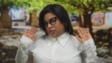 Beyaz tişörtlü bir kadın, güneşli bir ortamda umursamazlık izlenimi uyandıran ağaçlarla parkta küçümseyici jestler yapıyor..