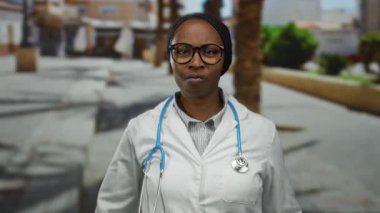 Gözlüklü ve steteskop takan doktor, kentin arka planında ağaçlar ve canlı şehir ortamında profesyonelliği ve sağlık hizmetlerine bağlılığı somutlaştıran şehir sokaklarında güven içinde duruyor..