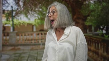 Orta yaşlı, kır saçlı, avuç içi açık el kaldıran, bina avlusunda gözlüklü ve beyaz gömlekli bir kadın..