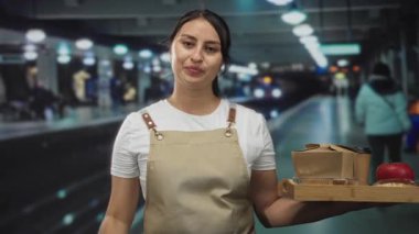 Elinde paket servisi, kahve fincanı ve elmayla elinde tepsi olan bir kadın var. Gece vardiyası hüsranı..