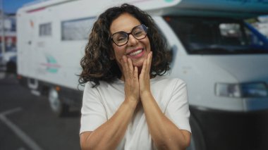 Orta yaşlı İspanyol bir kadın karavanın önünde gülümsüyor, güneşli bir günün tadını çıkarıyor..