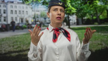 Kadın hostes hayranları binanın önündeki yapraklı ağaçların yanında beyaz bluz ve kırmızı eşarp içinde hava almak için ellerini kaldırıyor;.