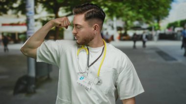 Beyaz sakallı genç bir doktor, şehir sokaklarında pazılarını esnetiyor, steteskop ve tıbbi üniforma giyiyor..