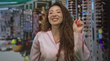 Kadın, kalabalık bir cadde pazarında güneş gözlüğü askılığı ve sepetleri görünür bir şekilde duran hediyelik eşya standında gülümserken kamerayı işaret ediyor..