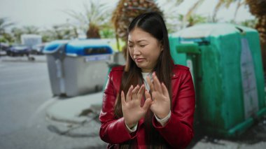 Kırmızı ceketli, tiksindirici bir ifadeyle şehir dışındaki çöp bidonlarının yanında duran bir kadın..