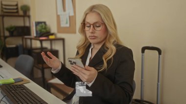 Ofis ortamında cep telefonu kullanan genç sarışın bir kadın. Yanında bavul ve masa başında evrak işleri var. Profesyonel bir iş senaryosunu somutlaştırıyor..