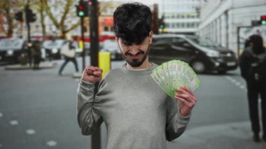 Kentsel sokak ortamında elinde Rus rublesi banknotları tutan ve arka planda bulanık trafik ve binalarla karışık duygular besleyen bir adam..