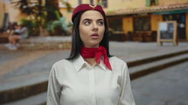 Üniformalı kadın, bulanık binalar ve insanlarla çevrili bir sokakta yorgun görünüyor. Yorgunluk ve tefekkür anı yakalıyor..