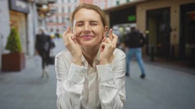 Açık hava ortamında şehir caddesinde parmakları çapraz gülümseyen bir kadın şehir ortamında umut ve pozitiflik yayıyor..