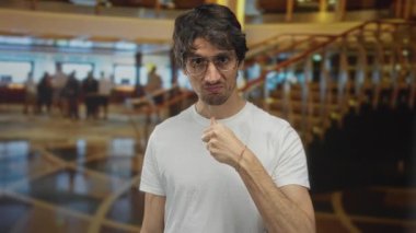 Beyaz gömlekli adam, sarmal merdivenlerin yanındaki otel lobisinde, parafinli mermer zeminde parmak göğse işaret ediyor..