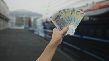 Arka planda teknelerle bir sahil limanında Romanya banknotları tutan adam, açık hava ortamında finans ve para birimi temalarını vurguluyor.