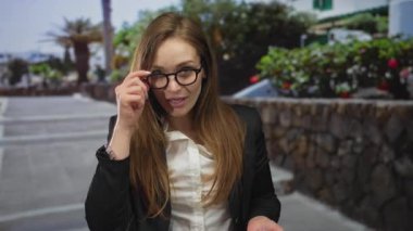 Taş duvar ve bitkilerin yakınındaki kentsel sokak geçidinde gözlükleri sağ eliyle ayarlayan genç bir kadın..