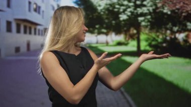 Siyah elbiseli kadın güneşli bir caddedeki bir binanın önünde avuçlarını açık gösteriyor; dostça karşılama ve davetiye.