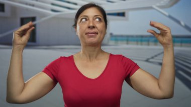 Orta yaşlı, kırmızı tişörtlü, çimdikleme hareketi yapan, gündüz vakti bina girişinde elini kaldıran İspanyol kadın..