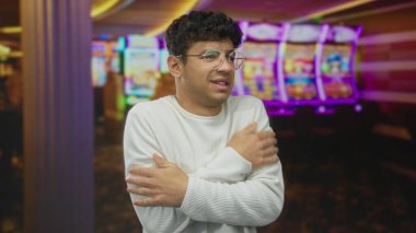 Genç İspanyol adam, kalabalık bir kumarhanede parlayan kumar makinesiyle yüzleşirken elleri ile ağzını kapatır..