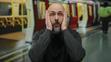 Modern tren istasyonunda şoku ifade eden adam arka planda bulanık bir platform ve kırmızı tren ile elleri yüzü ve ağzı açık bir şekilde şaşkınlık ve inançsızlığı gösteriyor..