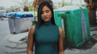 Kadın, şehir sokaklarında palmiye ağaçlarıyla çevrili modern atık kutularına odaklanarak, açık havada çevre bilinci sergileyerek bağış hareketi yapıyor.
