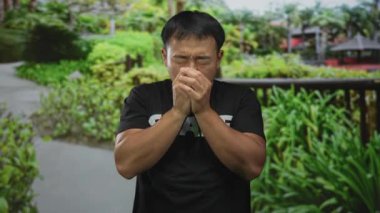 Yeşillik yeşilliklerle çevrili yeşil orman yolunda dururken kalp krizi için göğüs debriyajı; sağlık tehlikesi.