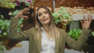 Kadın enerjik bir şekilde el hareketleriyle şehir sokaklarında dolaşıyor, günlük kıyafetler giyiyor, canlı şehir yeşillikleriyle çevrili, canlı açık hava iletişimini ifade ediyor..