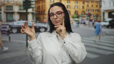 İspanyol kadın dişçi üniformalı. Elinde görünmez parantezler var. Meşgul bir sokakta düşünceli bir ifadeyle.