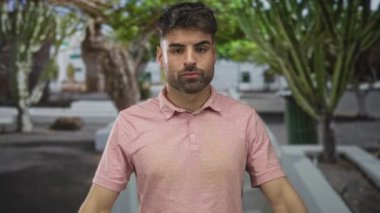 Yeşillik yeşil kaktüsün ve bina girişinin önünde iki başparmağını göğsüne doğru gösteren bir adam..