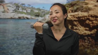 Başparmağıyla dambılı tutan ve stüdyo deniz manzarasında gülümseyen kadın; özgüven uygunluğu.