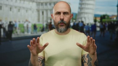 Dışarıdaki pisa kulesinin önünde sakince meditasyon yapan adam sakin bir sokak ortamında dövmelerini ve sakallarını sergiliyor..