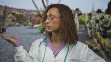 Steteskoplu kadın doktor yemyeşil park ortamında parmağı olduğunu belirterek arkasında bulanık yapraklar bıraktı..