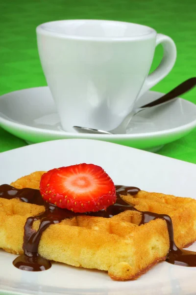 Close Waffle Strawberry Chocolate Sauce Served White Porcelain Plate Fork — Stock Photo, Image