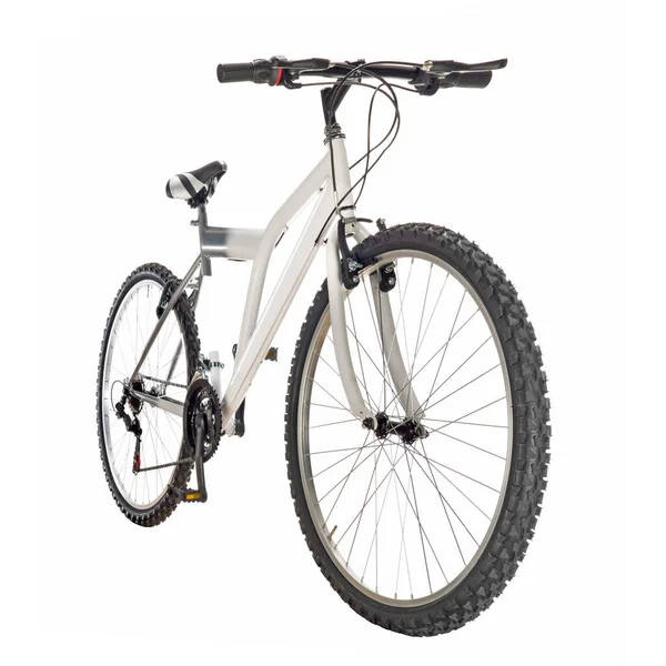 Vista Frontal Bicicleta Montaña Blanca Perspectiva Fondo Blanco Aislado —  Fotos de Stock