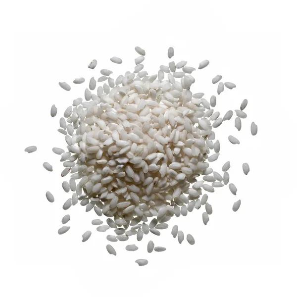 Nevařená Bílá Rýžová Zrna Tvoří Malý Kopeček Izolovaný Přes Bílé — Stock fotografie