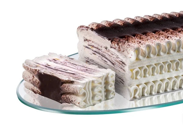 네타식 아이스크림 케이크 코코아와 초콜릿 조각으로 크림을 휘저은 쟁반에 로열티 프리 스톡 사진