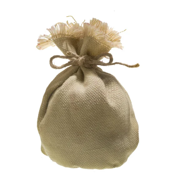 stock image small jute bag with hemp rope string, to represent a small poor but sincere gift