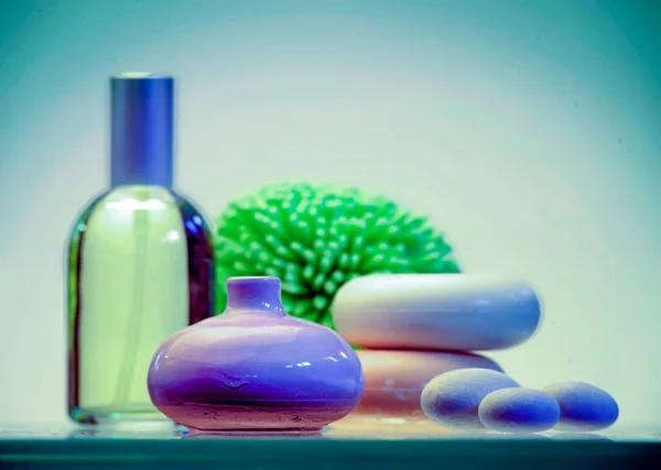 soaps, cologne, sponge and aroma diffuser, still life of body care products