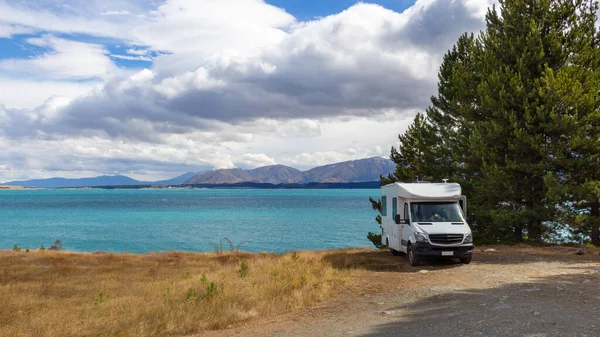 Area Sosta Camper Sul Pittoresco Lago Pukaki South Island Nuova — Foto Stock
