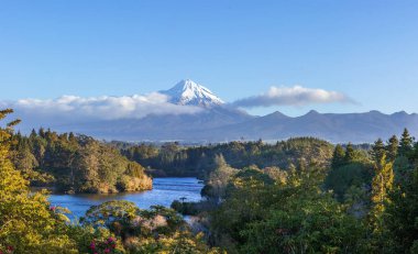 Arka planda Taranaki volkanı olan Cape Egmont deniz feneri, Yeni Zelanda