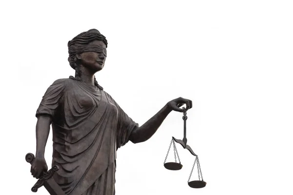 Статуя Правосудия Весами Мечом Белом Фоне — стоковое фото