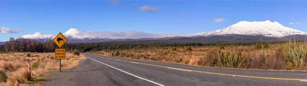 Tongariro Ulusal Parkı Giden Yol Panoramik Manzara Planda Yol Tabelası Telifsiz Stok Fotoğraflar