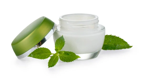 Kosmetické Láhve Kontejner Zelenými Listy Izolované Bílém Pozadí Ořezovou Cestou — Stock fotografie