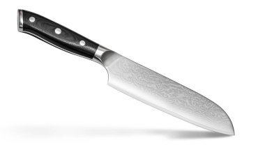 Kesme yolu olan beyaz bir arka planda profesyonel izole mutfak bıçağı.