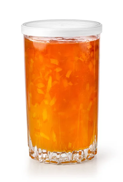 Orangen Marmeladenglas Glas Isoliert Auf Weißem Hintergrund Mit Clipping Pfad — Stockfoto