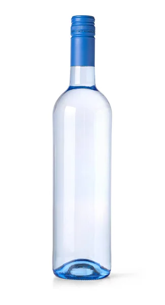 Modrá Skleněná Láhev Vína Bílém Pozadí Izolované Balení Produktu Oříznutou — Stock fotografie