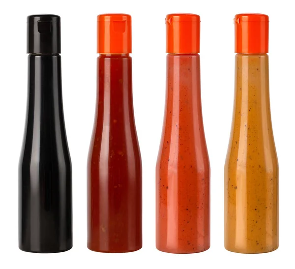 Uppsättning Grillsåser Flaskor Mockup Isolerad Vit Bakgrund — Stockfoto