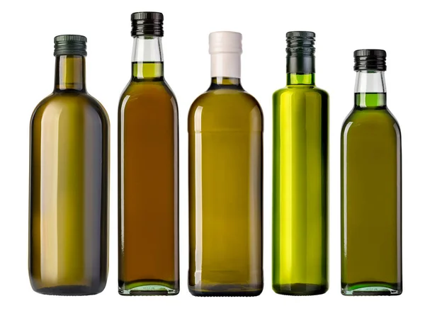 Набір Скляних Масляних Пляшок Оливкової Олії Ізольовані Білому Тлі — стокове фото