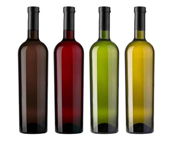 Conjunto Garrafas Vinho Isoladas Sobre Fundo Branco — Fotografia de Stock